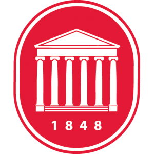 Image of the pillars outside the Lyceum at the University of Mississippi with the date the University was founded - 1848 - below the image. White logo on red background