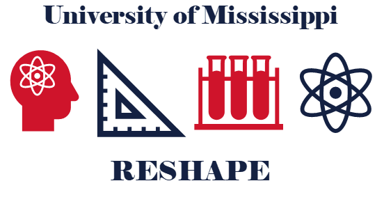 University of Mississippi RESHAPE logo with illustration of brain, triangle, test tubes, and atom